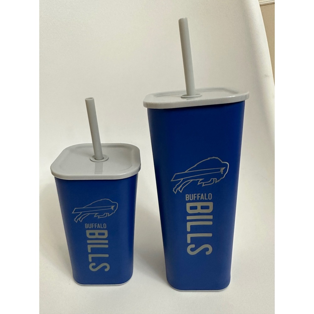Buffalo Bills NFL Tumbler Set 2 Piece Blue Grey Square Reusable Cups with Straws